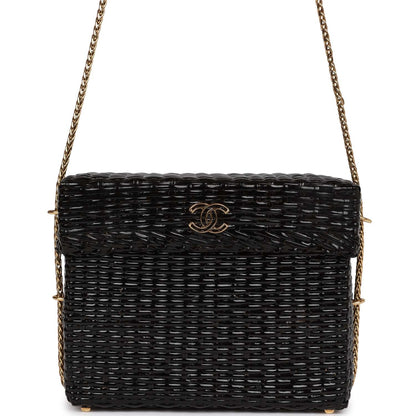 Chanel Vintage Wicker Picnic Basket Bag Black Gold Hardware
