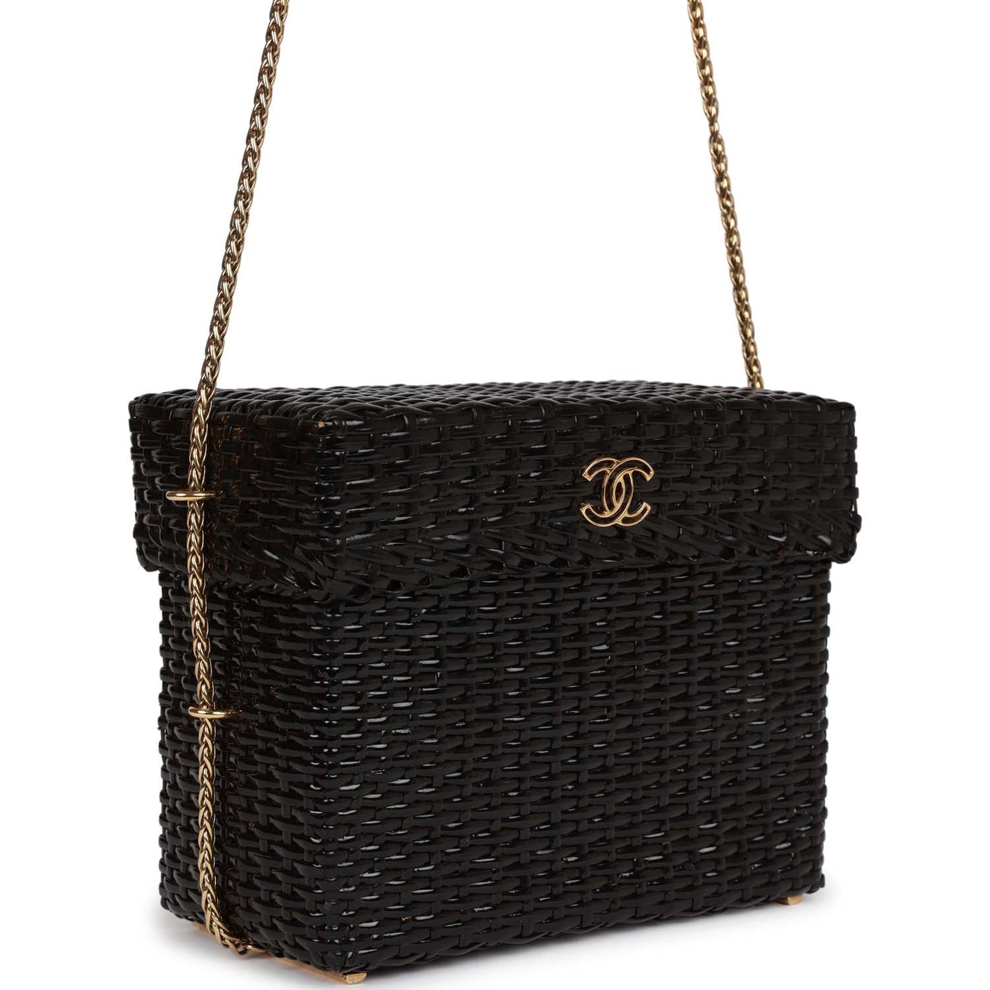 Chanel Vintage Wicker Picnic Basket Bag Black Gold Hardware