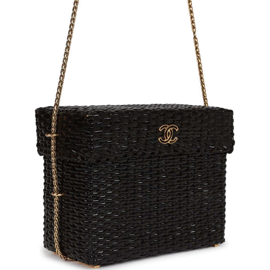 Chanel Vintage Wicker Picnic Basket Bag Black Gold Hardware