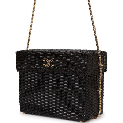 Chanel Vintage Wicker Picnic Basket Bag Black Gold Hardware