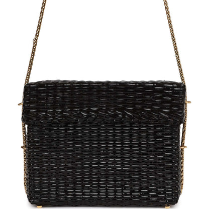 Chanel Vintage Wicker Picnic Basket Bag Black Gold Hardware