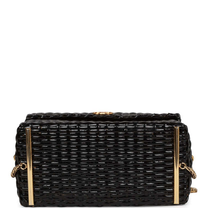 Chanel Vintage Wicker Picnic Basket Bag Black Gold Hardware