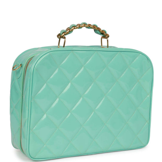 Chanel Vintage Vanity Case Bag Turquoise Patent Gold Hardware