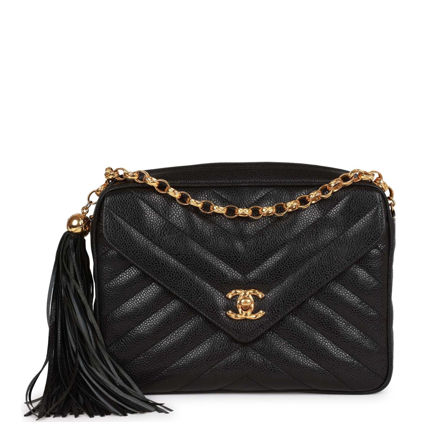 Chanel Vintage Small Chevron Tassel Camera Bag Black Caviar Gold Hardware