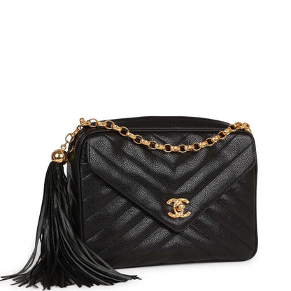 Chanel Vintage Small Chevron Tassel Camera Bag Black Caviar Gold Hardware