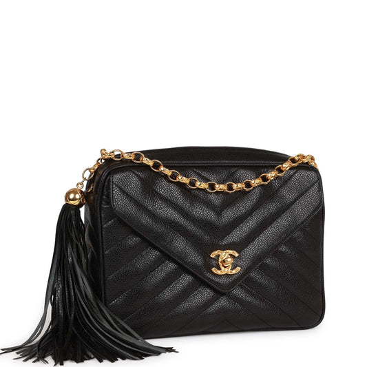 Chanel Vintage Small Chevron Tassel Camera Bag Black Caviar Gold Hardware