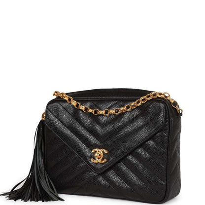 Chanel Vintage Small Chevron Tassel Camera Bag Black Caviar Gold Hardware