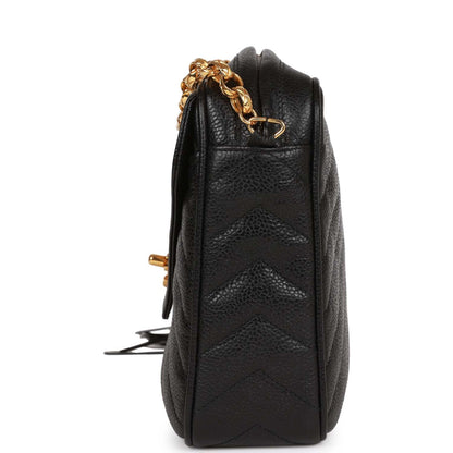 Chanel Vintage Small Chevron Tassel Camera Bag Black Caviar Gold Hardware