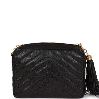 Chanel Vintage Small Chevron Tassel Camera Bag Black Caviar Gold Hardware
