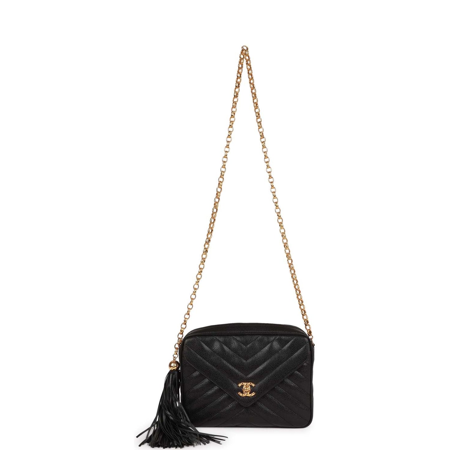 Chanel Vintage Small Chevron Tassel Camera Bag Black Caviar Gold Hardware