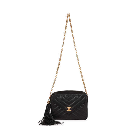 Chanel Vintage Small Chevron Tassel Camera Bag Black Caviar Gold Hardware