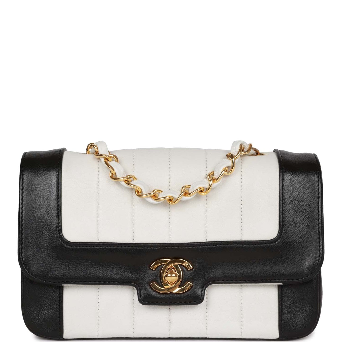 Chanel Vintage Mini Mademoiselle Bag Black and White Lambskin Gold Hardware