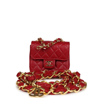 Chanel Vintage Micro Belt Flap Bag Red Lambskin Gold Hardware