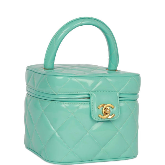 Chanel Vintage Vanity Heart Mirror Bag Turquoise Patent Gold Hardware