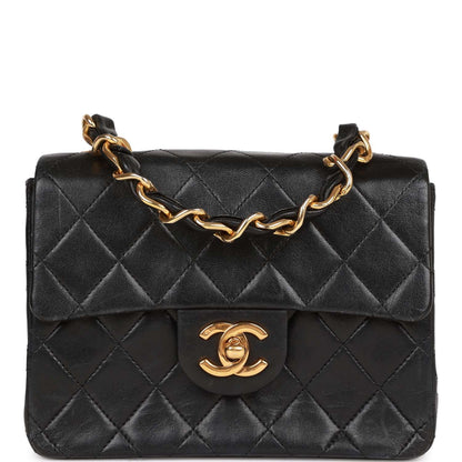 Chanel Vintage Mini Flap Chain Handle Bag Black Lambskin Gold Hardware
