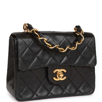 Chanel Vintage Mini Flap Chain Handle Bag Black Lambskin Gold Hardware