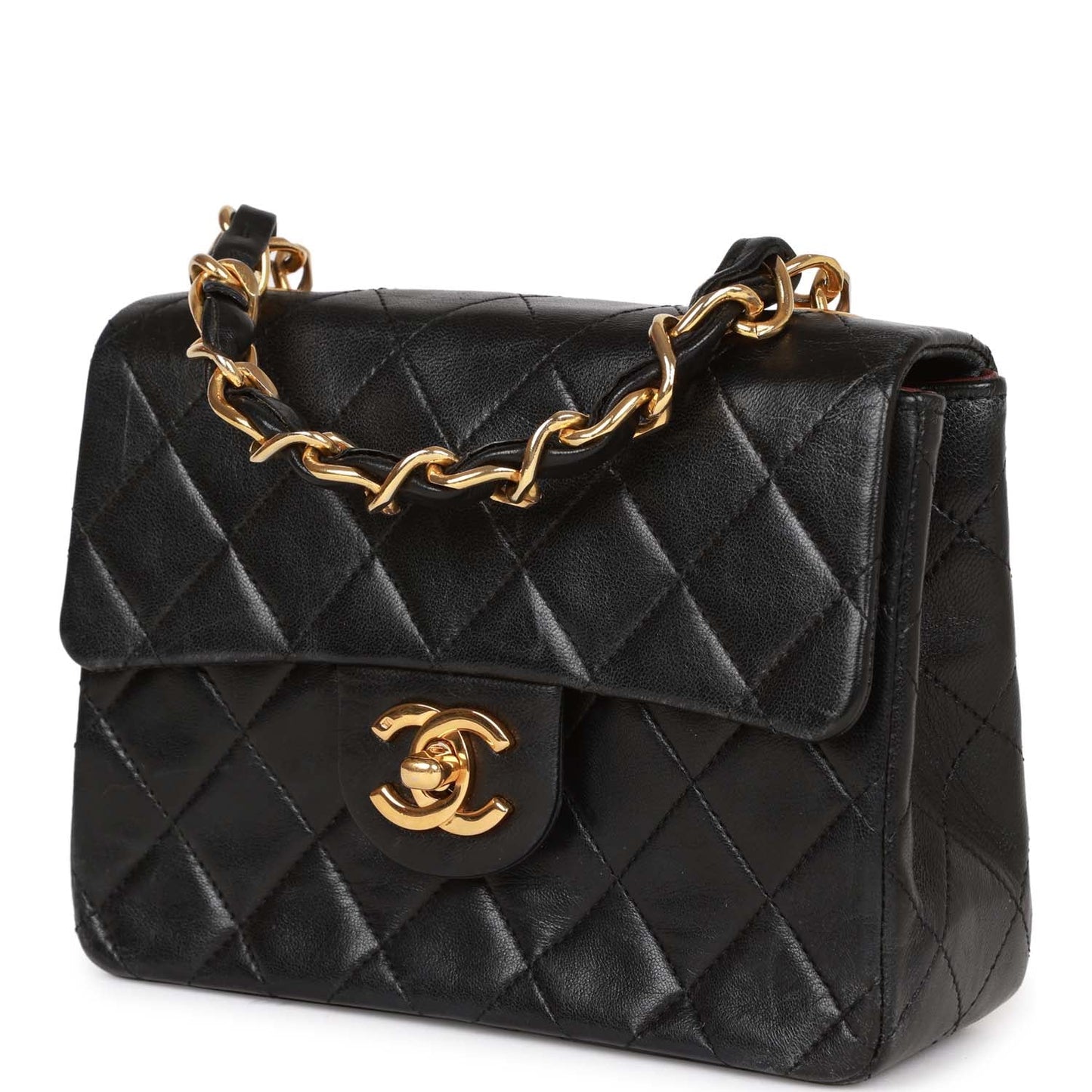 Chanel Vintage Mini Flap Chain Handle Bag Black Lambskin Gold Hardware