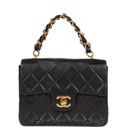 Chanel Vintage Mini Flap Chain Handle Bag Black Lambskin Gold Hardware