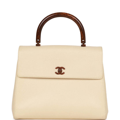 Chanel Vintage Wood Top Handle Kelly Ivory Caviar