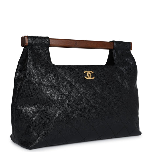 Chanel Vintage Wood Top Handle Bag Black Caviar Gold Hardware