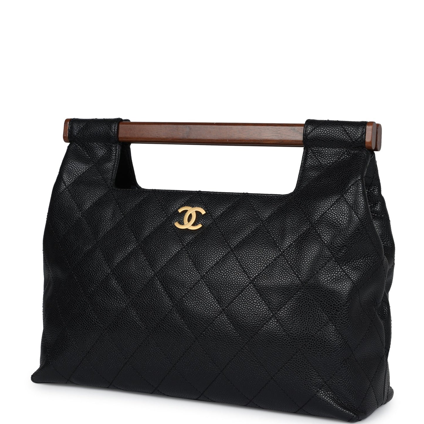 Chanel Vintage Wood Top Handle Bag Black Caviar Gold Hardware