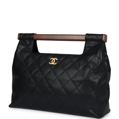 Chanel Vintage Wood Top Handle Bag Black Caviar Gold Hardware