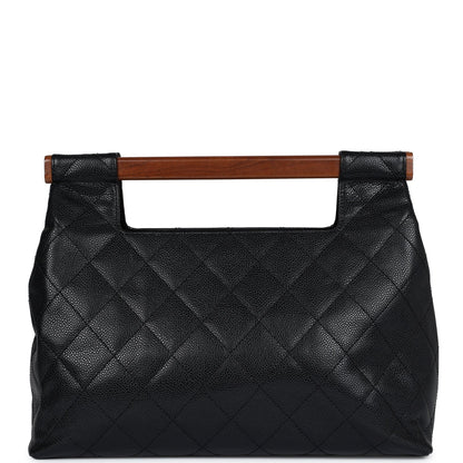 Chanel Vintage Wood Top Handle Bag Black Caviar Gold Hardware