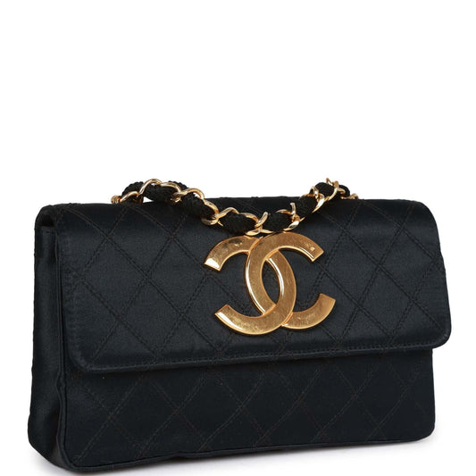 Chanel Vintage CC Shoulder Flap Bag Black Satin Gold Hardware