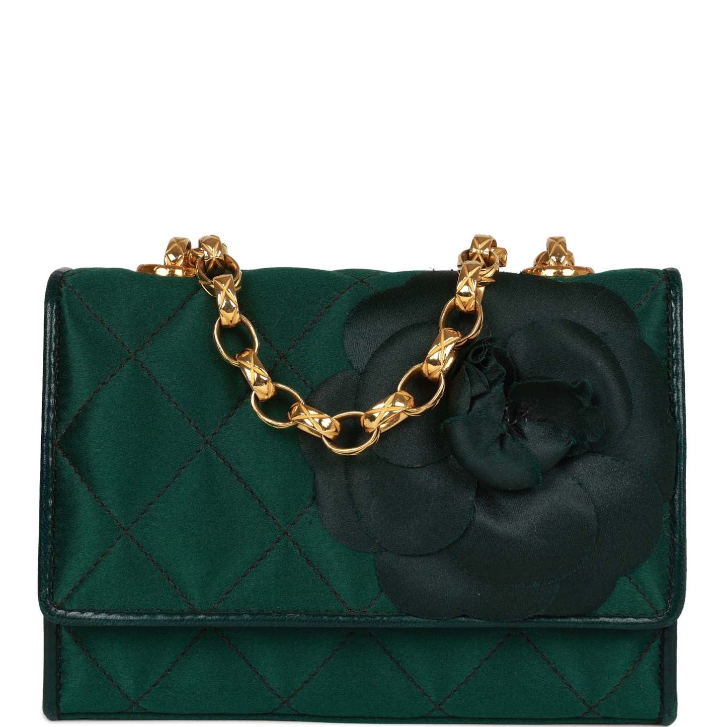 Chanel Vintage Mini Camellia Flap Bag Green Satin Gold Hardware
