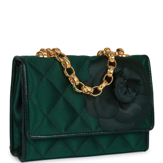 Chanel Vintage Mini Camellia Flap Bag Green Satin Gold Hardware