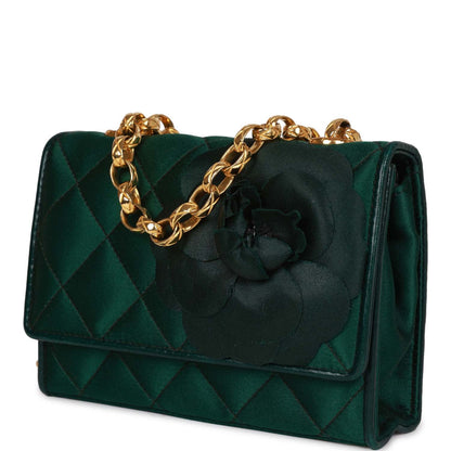 Chanel Vintage Mini Camellia Flap Bag Green Satin Gold Hardware