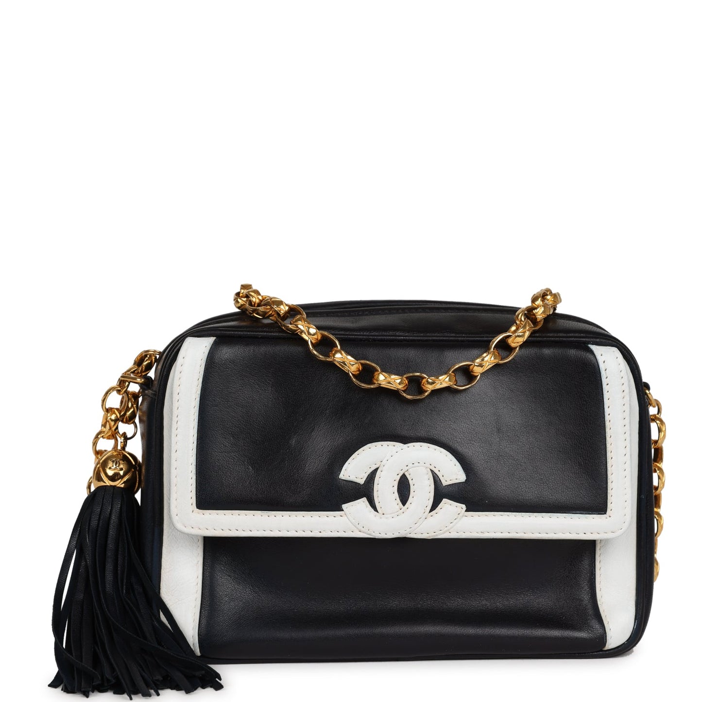 Chanel Vintage Fringe Chain Camera Bag Navy and White Lambskin Gold Hardware