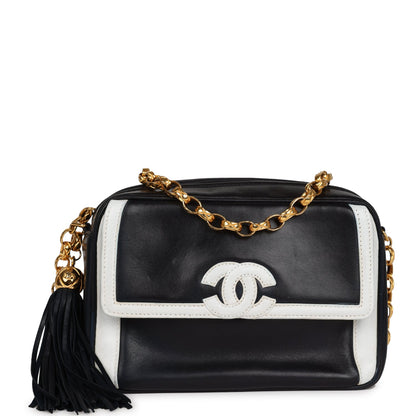 Chanel Vintage Fringe Chain Camera Bag Navy and White Lambskin Gold Hardware