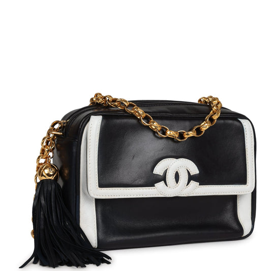 Chanel Vintage Fringe Chain Camera Bag Navy and White Lambskin Gold Hardware