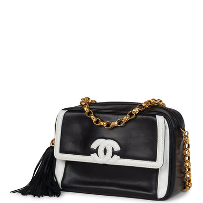Chanel Vintage Fringe Chain Camera Bag Navy and White Lambskin Gold Hardware