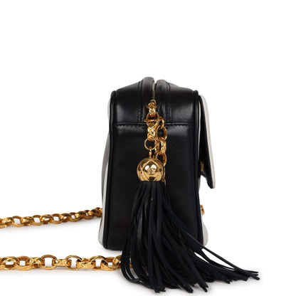 Chanel Vintage Fringe Chain Camera Bag Navy and White Lambskin Gold Hardware