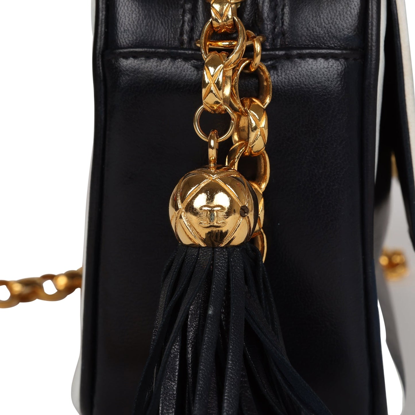 Chanel Vintage Fringe Chain Camera Bag Navy and White Lambskin Gold Hardware