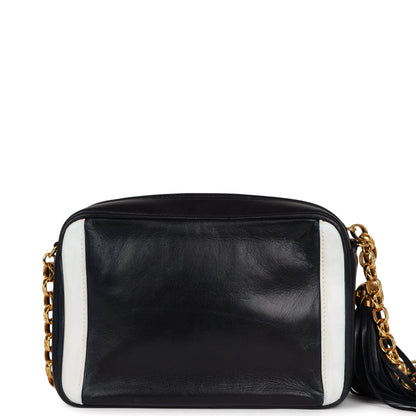 Chanel Vintage Fringe Chain Camera Bag Navy and White Lambskin Gold Hardware