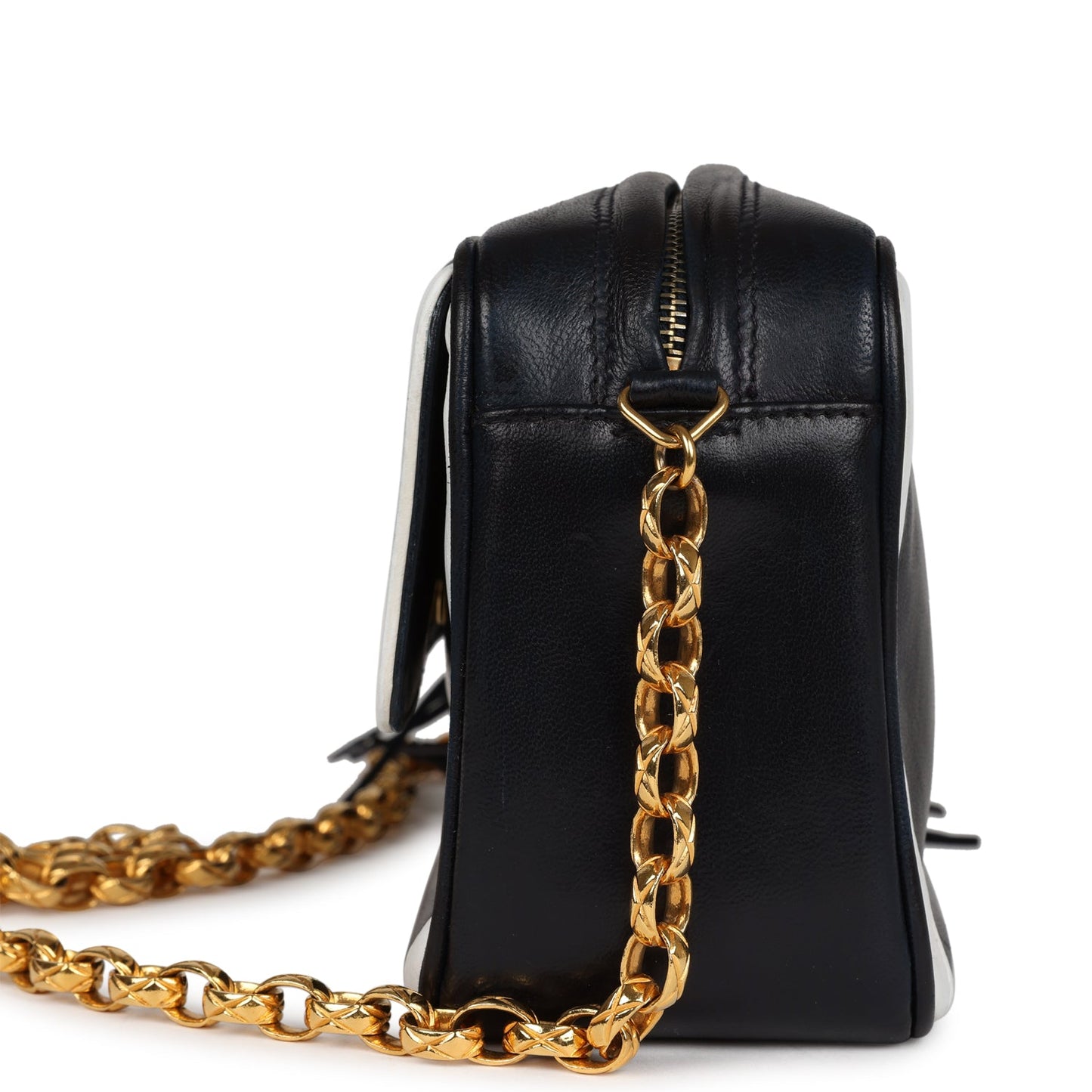 Chanel Vintage Fringe Chain Camera Bag Navy and White Lambskin Gold Hardware