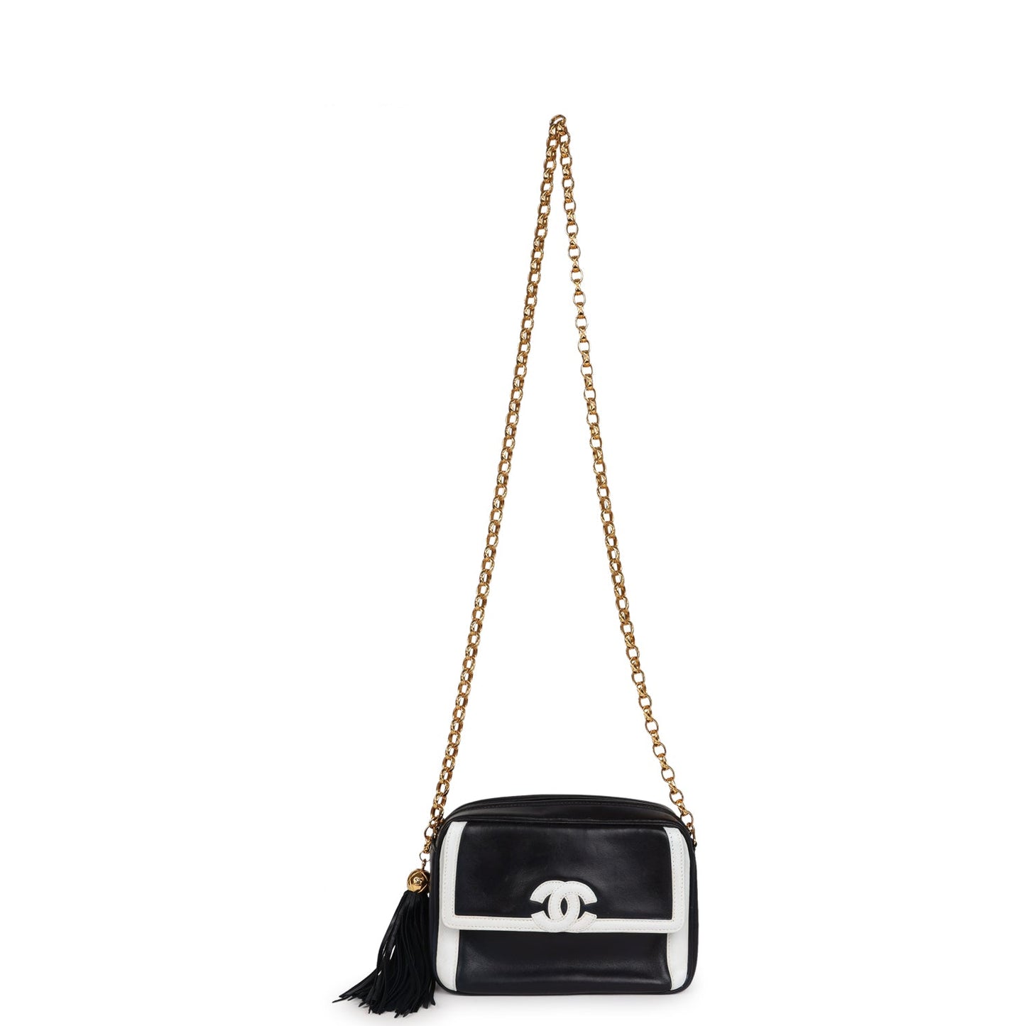 Chanel Vintage Fringe Chain Camera Bag Navy and White Lambskin Gold Hardware