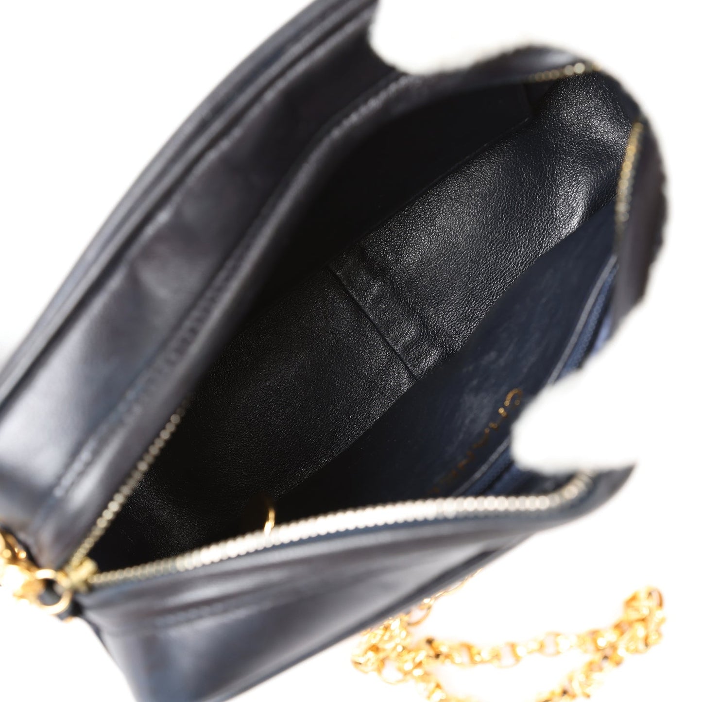 Chanel Vintage Fringe Chain Camera Bag Navy and White Lambskin Gold Hardware