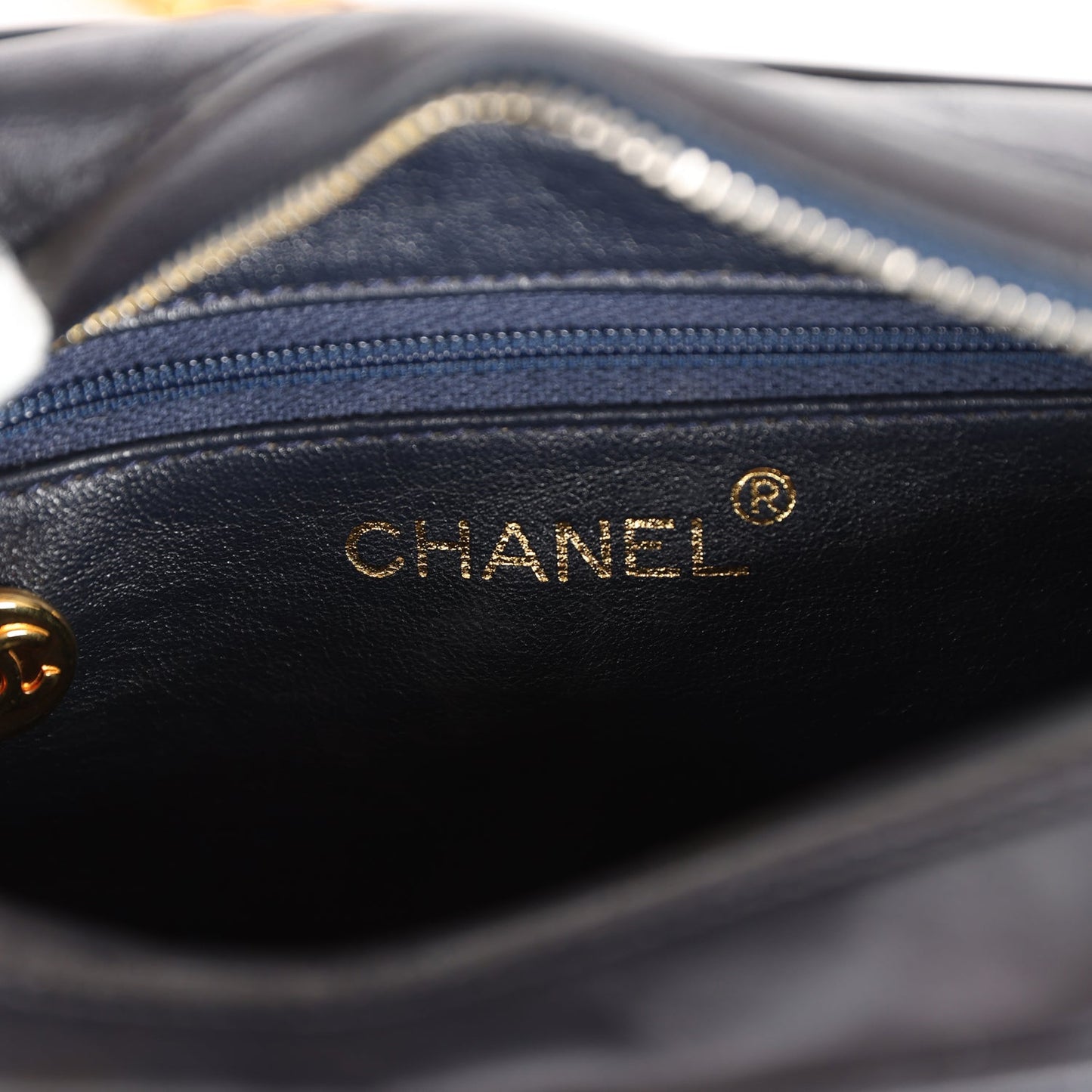 Chanel Vintage Fringe Chain Camera Bag Navy and White Lambskin Gold Hardware