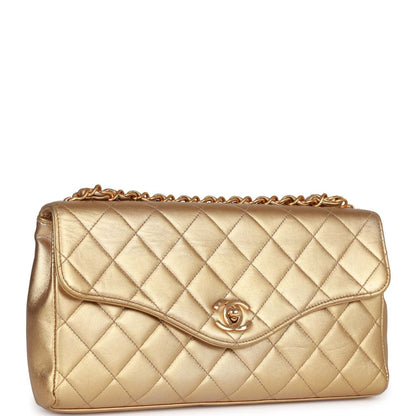 Chanel Vintage Clutch Flap Bag with Handle Gold Metallic Lambskin Gold Hardware
