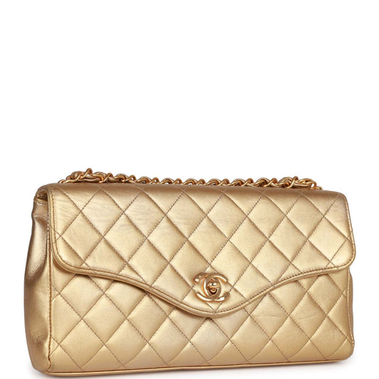 Chanel Vintage Clutch Flap Bag with Handle Gold Metallic Lambskin Gold Hardware