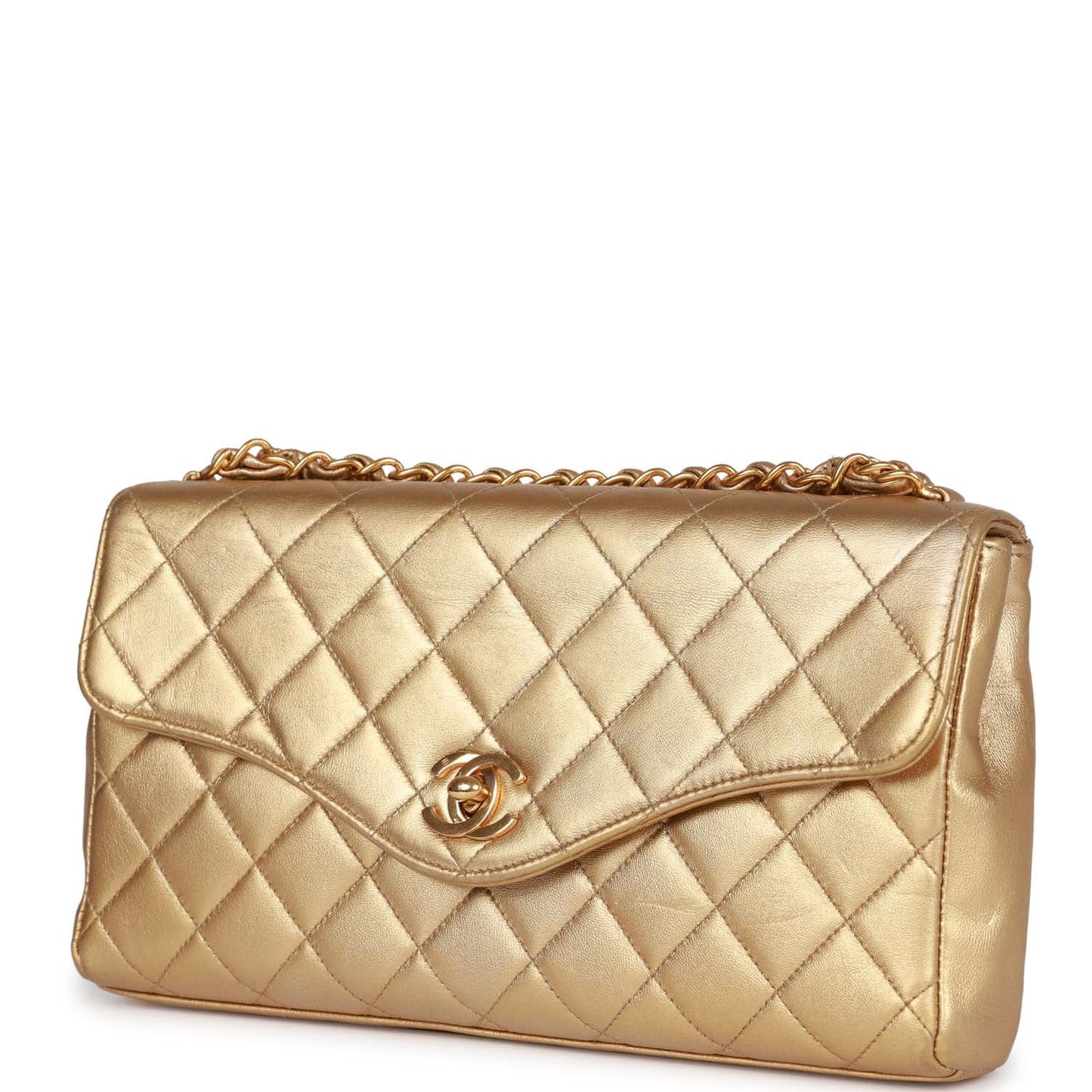 Chanel Vintage Clutch Flap Bag with Handle Gold Metallic Lambskin Gold Hardware