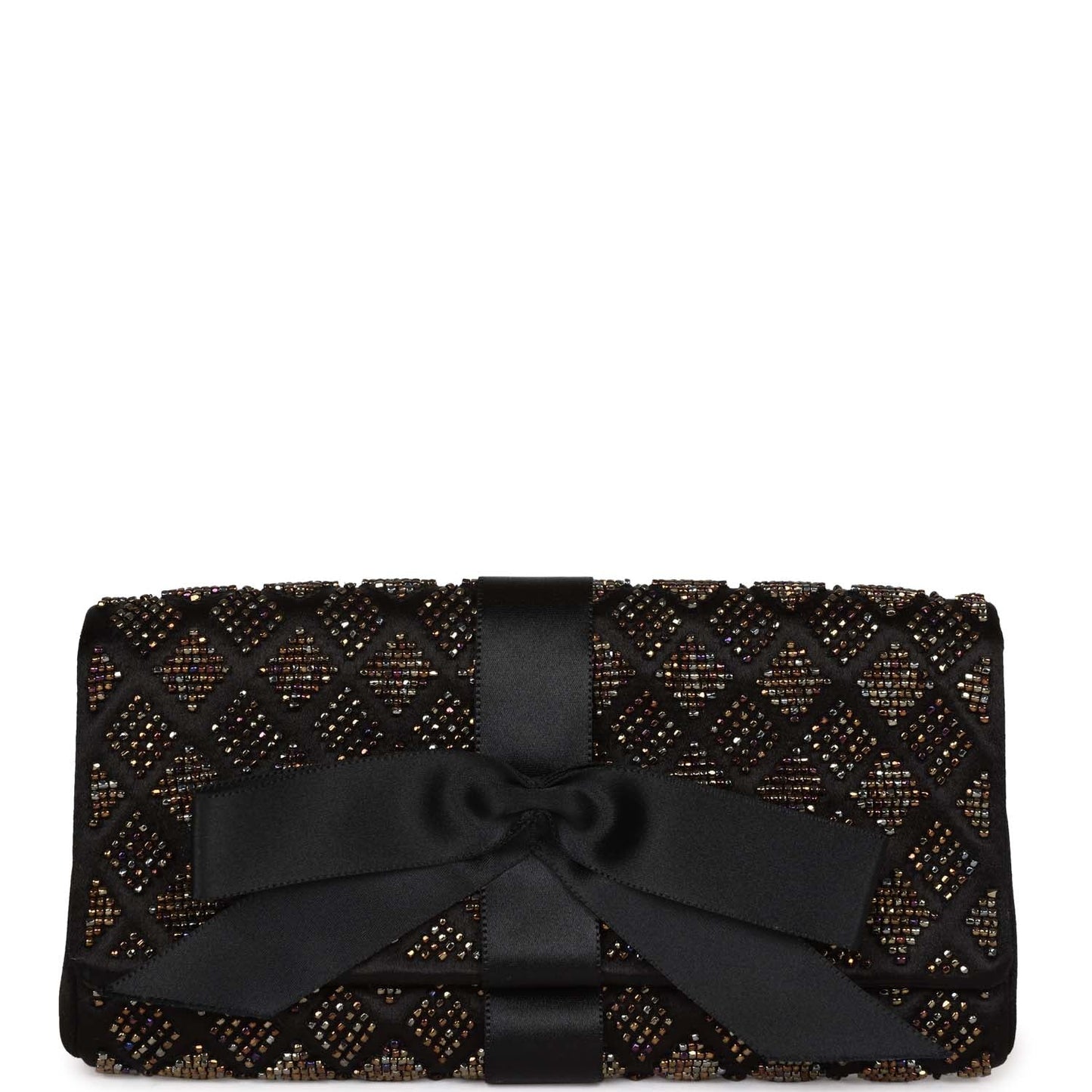 Chanel Vintage Bead Embellished Bow Flap Clutch Black Satin