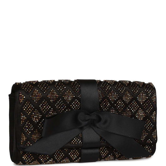 Chanel Vintage Bead Embellished Bow Flap Clutch Black Satin