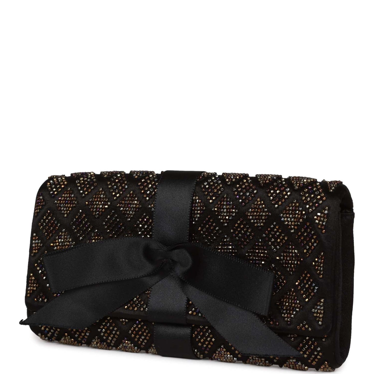 Chanel Vintage Bead Embellished Bow Flap Clutch Black Satin