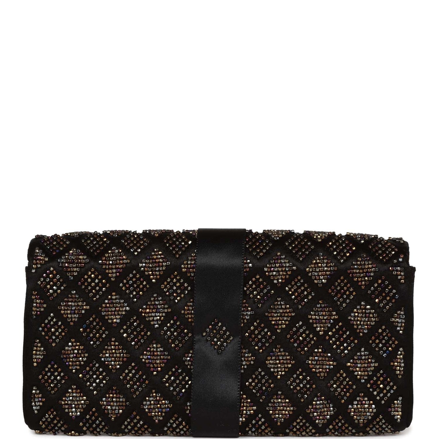 Chanel Vintage Bead Embellished Bow Flap Clutch Black Satin