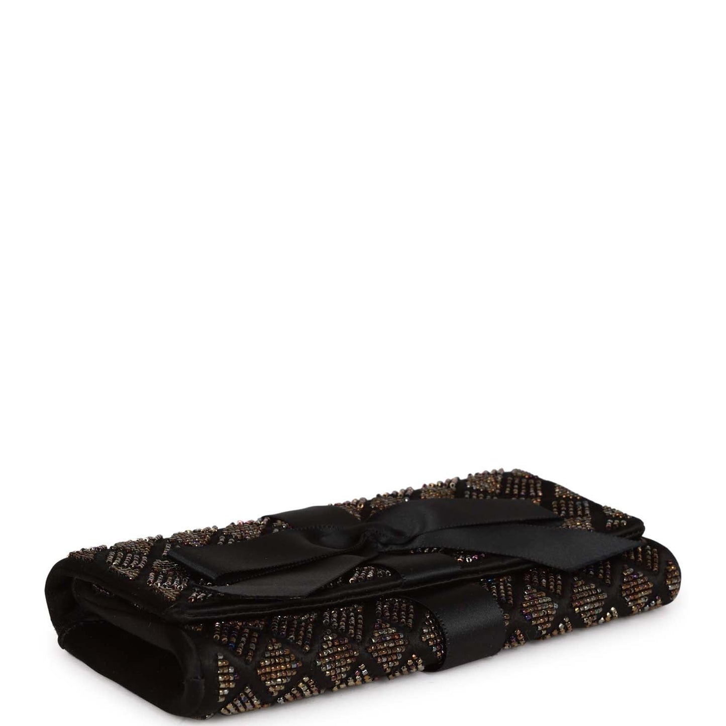Chanel Vintage Bead Embellished Bow Flap Clutch Black Satin